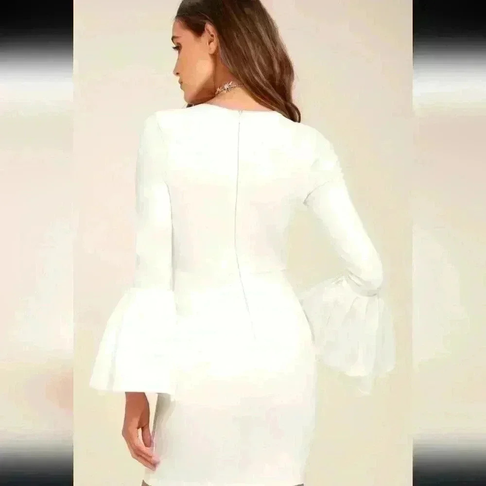 Lulus Double Flair White Long Sleeve Bodycon Dress NWT New Size Medium - Picture 2 of 14